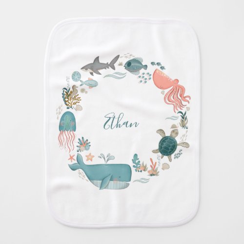 Kids Under the Sea Personalized Name Watercolor Baby Burp Cloth