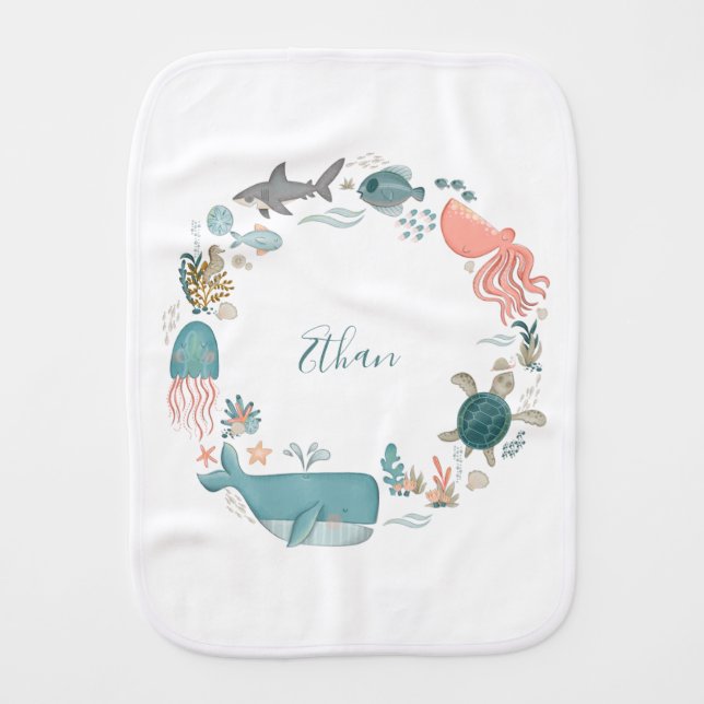 Kids Under the Sea Personalized Name Watercolor Baby Burp Cloth (Front)