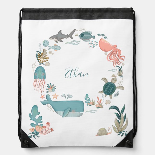 Kids Under the Sea Personalized Name Watercolor Drawstring Bag (Front)