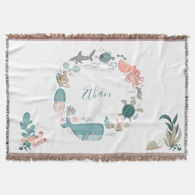 Kids Under the Sea Personalized Name Watercolor Throw Blanket (Front)