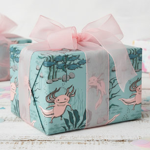 Kids Underwater Axolotl Blush Pink and Green Wrapping Paper