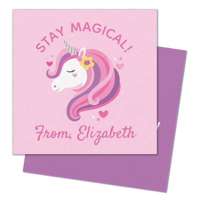 Kids Unicorn Face Pink Valentines Day Note Card (A cute pink and purple unicorn mini 2.5x2.5' valentine, pervect for a kids classroom exchange)