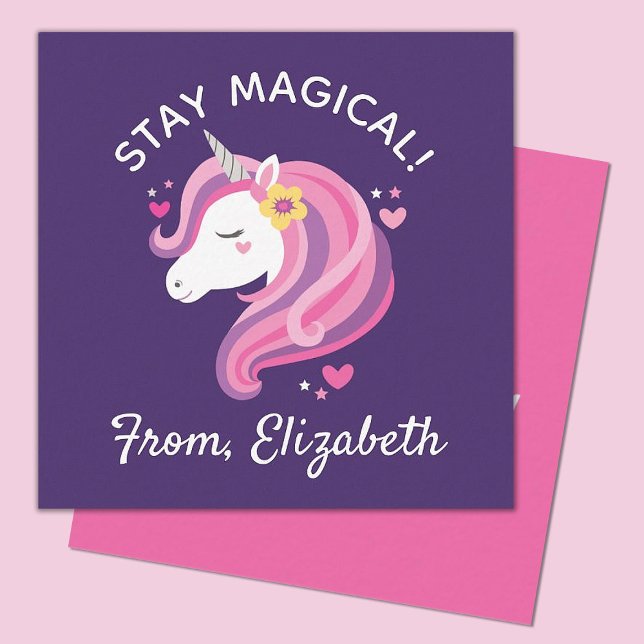 Kids Unicorn Face Pink Valentines Day Note Card (Cute unicorn valentine.  perfect for a kids classroom exchange. personalize with your kids name.)