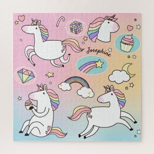 Kids Unicorn Rainbow Colors Your Name Cute Girly Jigsaw Puzzle