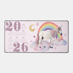 Kids Unicorn Rainbow Moon Stars Year Calendar 2026 Desk Mat