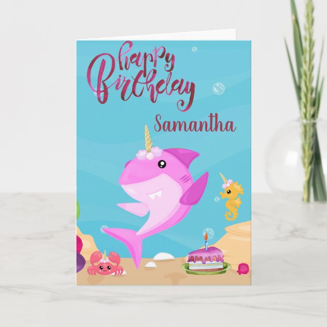 Kids Unicorn Shark Personalized Custom Birthday Card (Front)