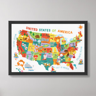 Kids US Map Whimsical Cartoon Art United States Framed Art