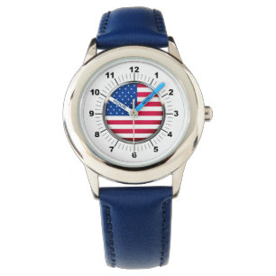 Kid's USA Flag Stainless Steel Blue Leather Watch