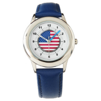 Kid's USA Flag Stainless Steel Blue Leather Watch