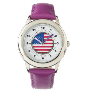 Kid's USA Flag Stainless Steel Purple Leather Watch