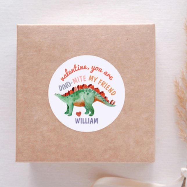 Kids Valentine Dino-Mite Watercolor Dinosaur   Classic Round Sticker (Creator Uploaded)