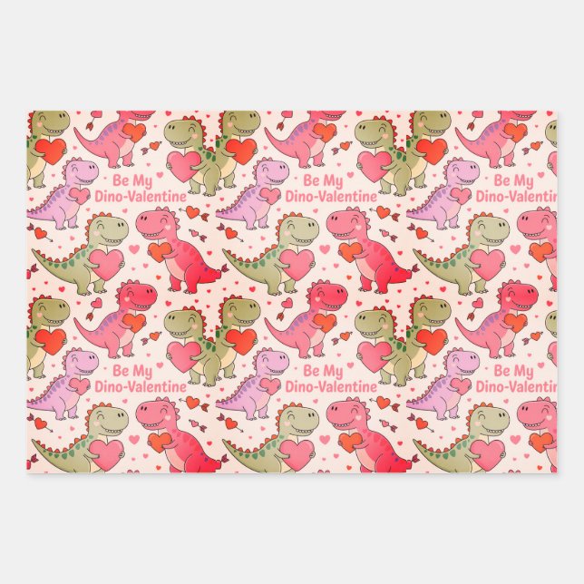 Kids valentine wrap  with dinosaurs &hearts wrapping paper sheets (Front)