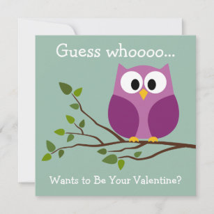 Kids Valentines Day Card with Cute Cartoon Owl