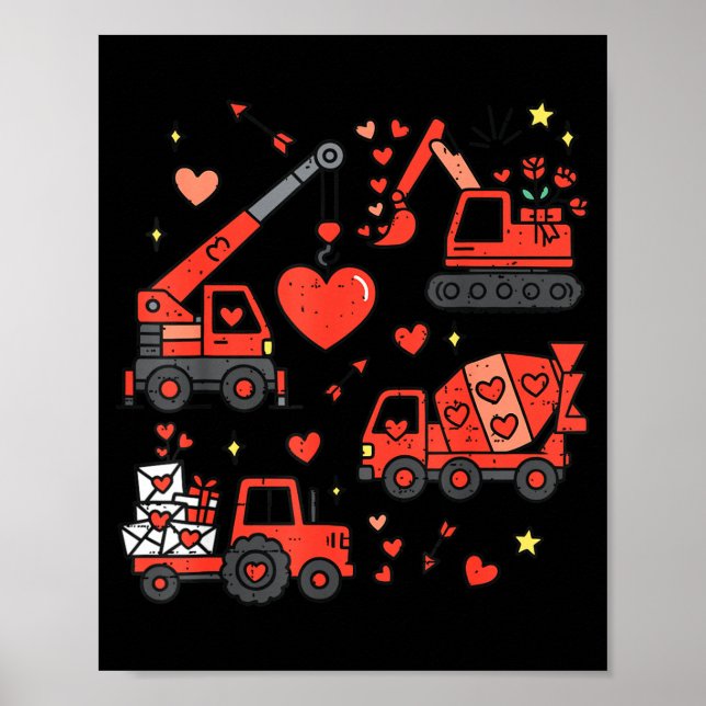 Kids Valentines Day Construction Trucks Funny Boys Poster (Front)