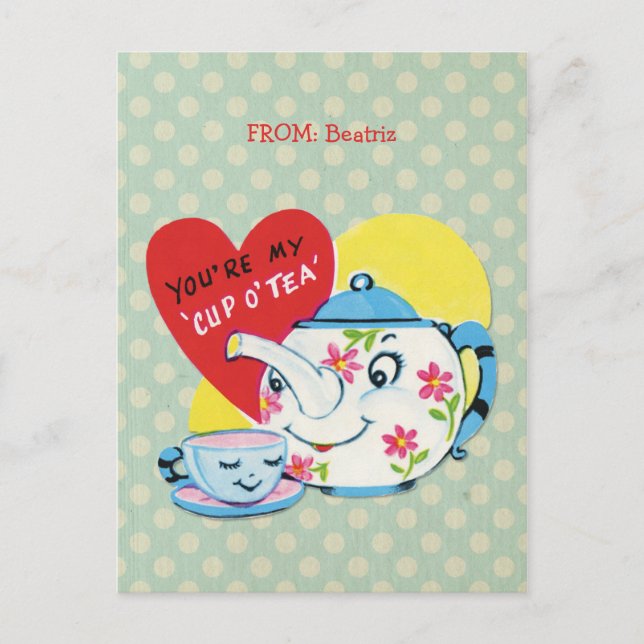 Kids Valentines Day Cute Tea Set Retro Valentine Holiday Postcard (Front)