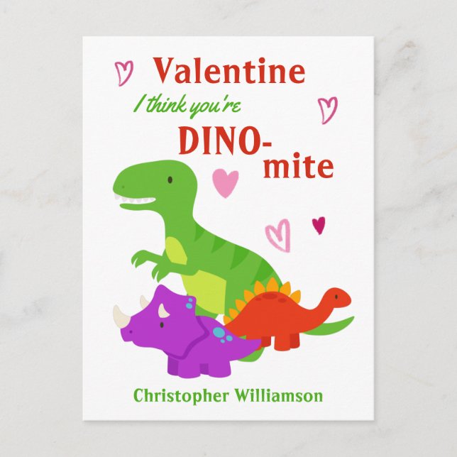 Kids Valentines Day Dino-mite Dinosaur Postcard (Front)