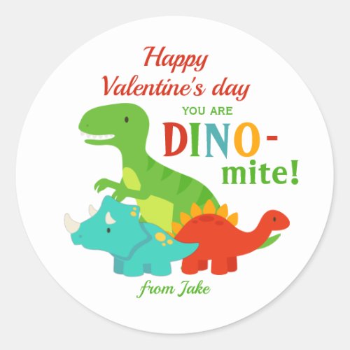 Kids Valentines Day Dinosaur Dino_mite Colorful Classic Round Sticker