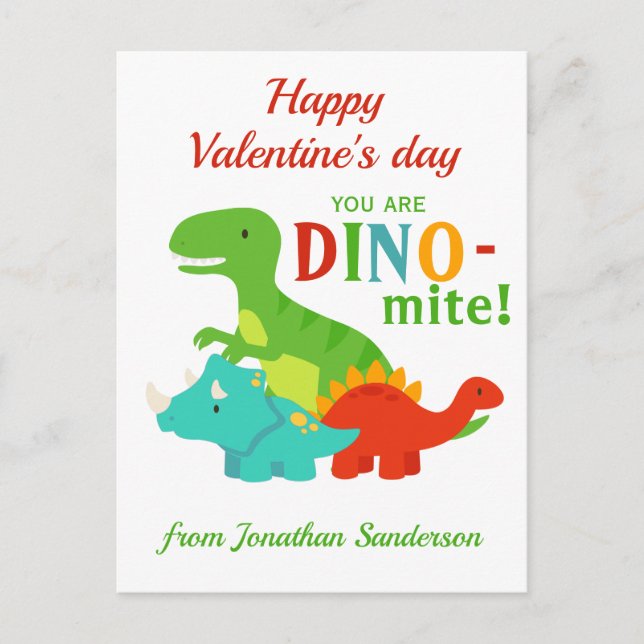 Kids Valentines Day Dinosaur Dino-mite Colorful  Postcard (Front)