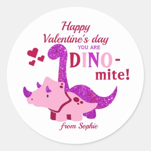 Kids Valentines Day Girly Dinosaur Dino_mite  Classic Round Sticker