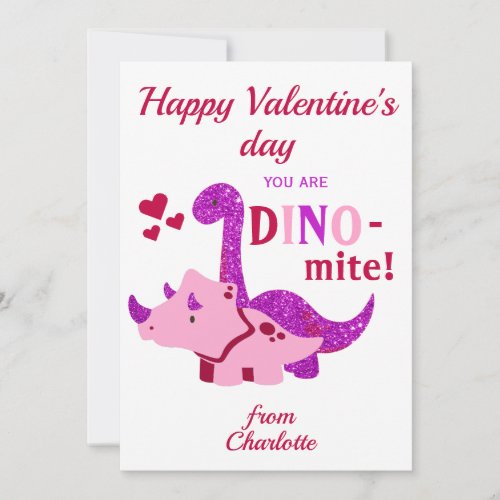 Kids Valentines Day Girly Dinosaur Dino_mite Flat Holiday Card