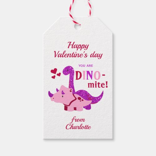 Kids Valentines Day Girly Dinosaur Dino_mite  Gift Tags
