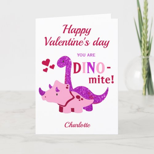 Kids Valentines Day Girly Dinosaur Dino_mite Holiday Card