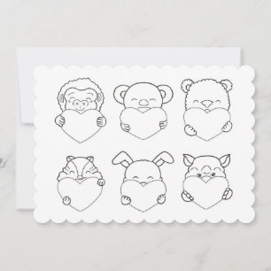 Kids Valentine's day  Hearts Animals Coloring Card