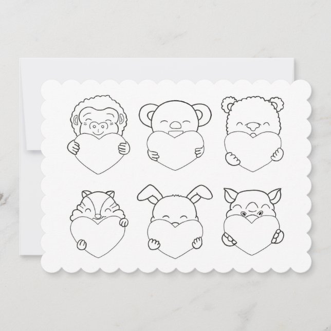 Kids Valentine's day  Hearts Animals Coloring Card (Front)