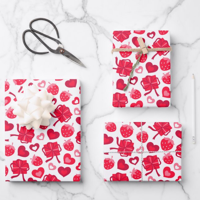 Kids Valentine's Day Hearts Chocolates Strawberry Wrapping Paper Sheets (Front)