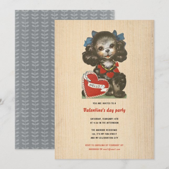 Kids Valentine's Day Holiday Cute Dog Retro Simple Invitation (Front/Back)