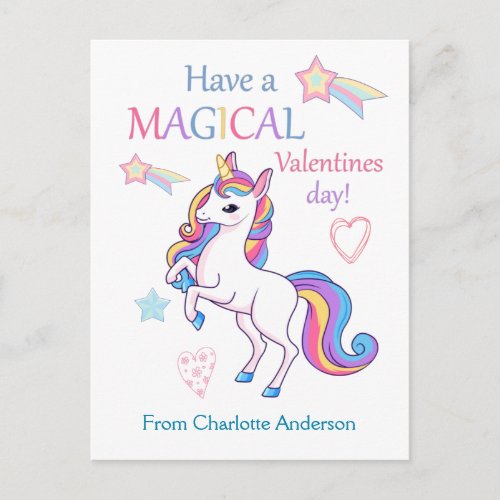 Kids Valentines Day Magical Unicorn Postcard
