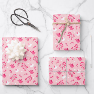 Kids Valentine's Day Pink & White Birds Hearts Wrapping Paper Sheets