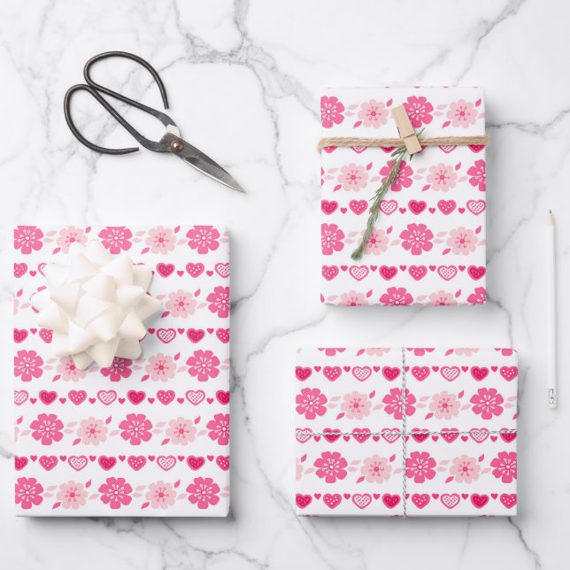Kids Valentine's Day Red Pink White Hearts Flowers Wrapping Paper Sheets (Front)