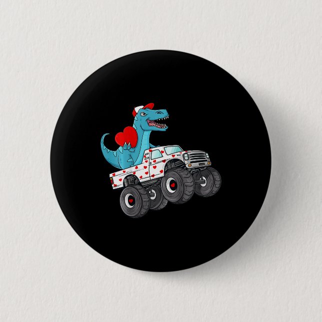 Kids Valentines Day T Rex Riding Monster Truck Fun Button (Front)