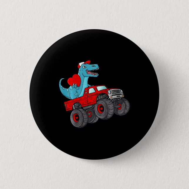 Kids Valentines Day T Rex Riding Monster Truck Fun Button (Front)