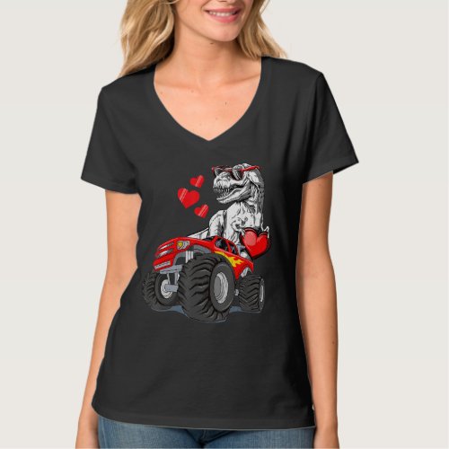 Kids Valentines Day T Rex Riding Monster Truck Tod T_Shirt