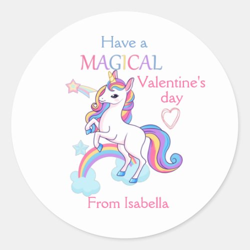 Kids Valentines Day Unicorn Pink Magical  Classic Round Sticker