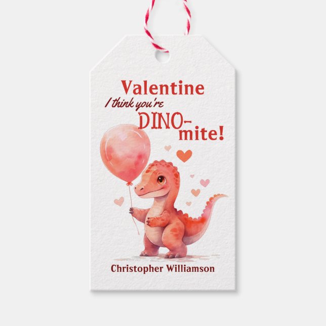 Kids Valentines Day You're Dino-mite Dinosaur Gift Tags (Front)