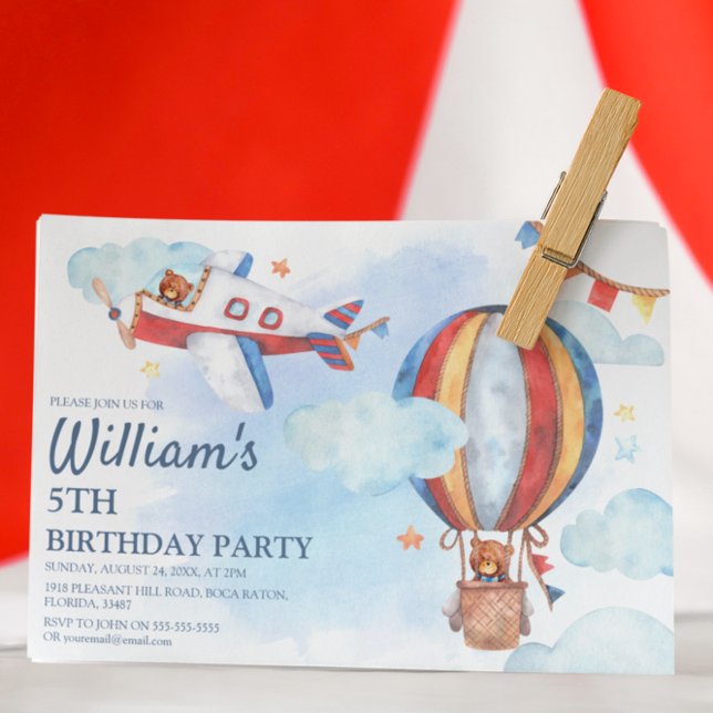 Kids Vintage Aviation Watercolor Birthday Party Invitation