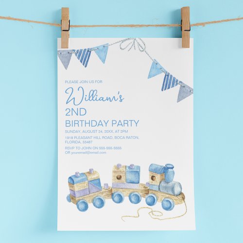 Kids Vintage Toy Train Watercolor Birthday Party Invitation