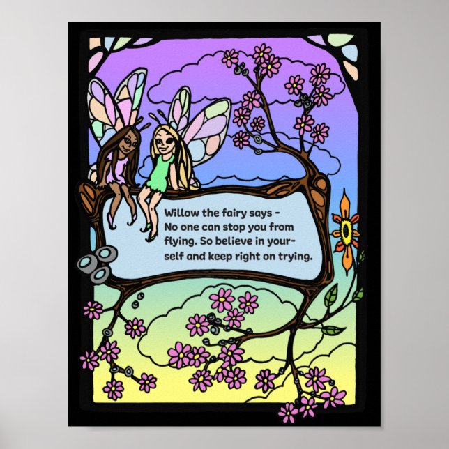 Kids Wall Poster - Fairies Black BG - Unicorn (Front)