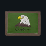 Kid's wallet with American eagle head drawing<br><div class="desc">Kid's wallet with American eagle head drawing. Custom money wallet with bird drawing and personalized name. Brown and green woodland nature colors.</div>