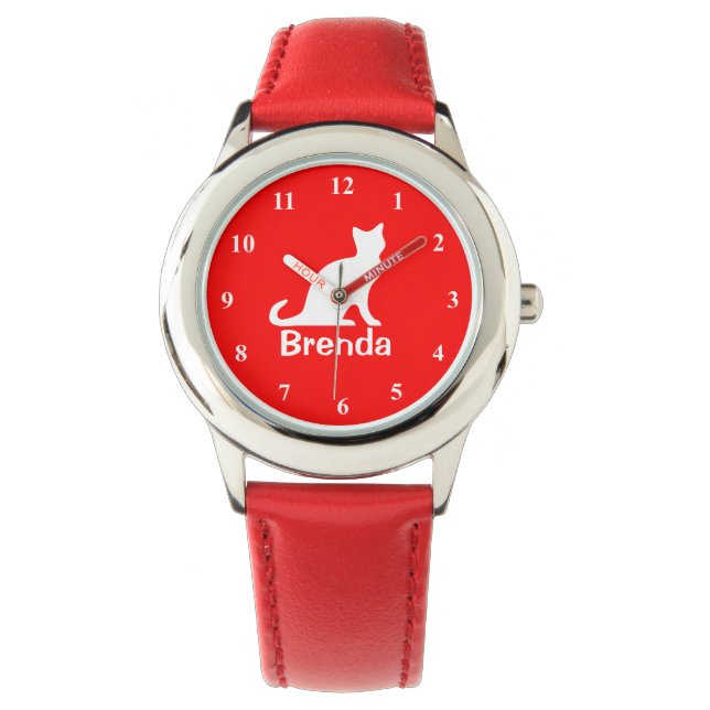 Kid's watch with white cat | Customizable pet name (Front)