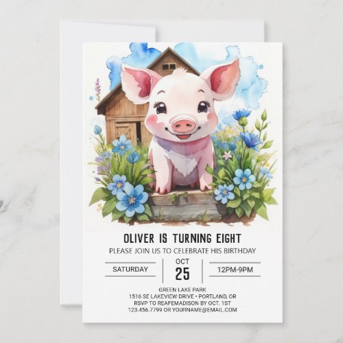 Kids Watercolor Barnyard Pig Birthday Invitation