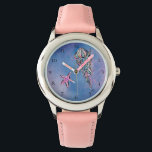 *~* Kids Watercolor Beach Sea Jelly Fish Star Fish Watch<br><div class="desc">Star Fish Jelly Fish Gold Glitter Purple Glitter Blue Glitter beach symbols on a beach like bubbly frothy stylish blue abstract watercolor with some magenta background are decorating the face of this pretty children's watch. The watch has a pink leather band and a has hand with help for kids and...</div>