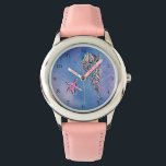 *~* Kids Watercolor Beach Sea Jelly Fish Star Fish Watch<br><div class="desc">Star Fish Jelly Fish Gold Glitter Purple Glitter Blue Glitter beach symbols on a beach like bubbly frothy stylish blue abstract watercolor with some magenta background are decorating the face of this pretty children's watch. The watch has a pink leather band and a has hand with help for kids and...</div>