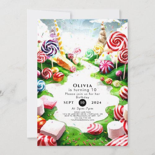 Kids Watercolor Candyland Birthday Invitation