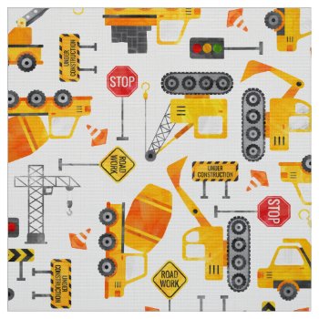 Kids Watercolor Construction Vehicles Fabric by LilPartyPlanners at Zazzle