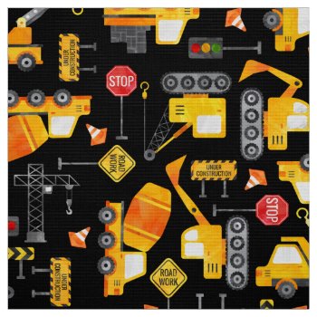 Kids Watercolor Construction Vehicles Fabric by LilPartyPlanners at Zazzle