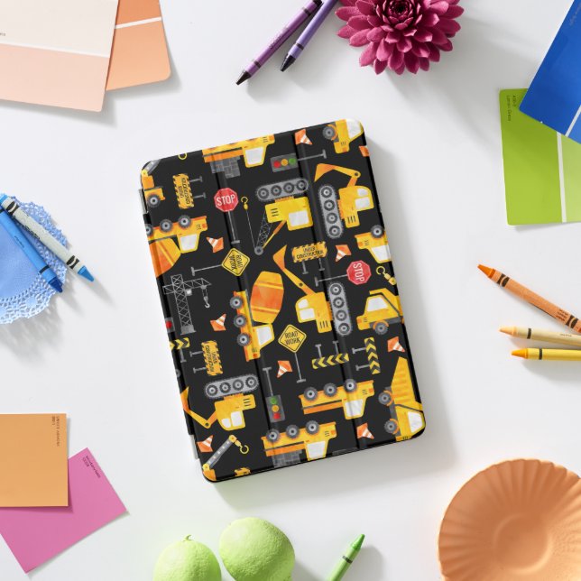 Kids Watercolor Construction Vehicles Pattern iPad iPad Pro Cover (Desk)
